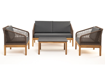 "Канны" лаунж-зона 4-местная из роупа со столиком "Канны" (серый гранит), основание дуб, роуп коричневый