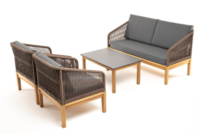 "Канны" лаунж-зона 4-местная из роупа со столиком "Канны" (серый гранит), основание дуб, роуп коричневый